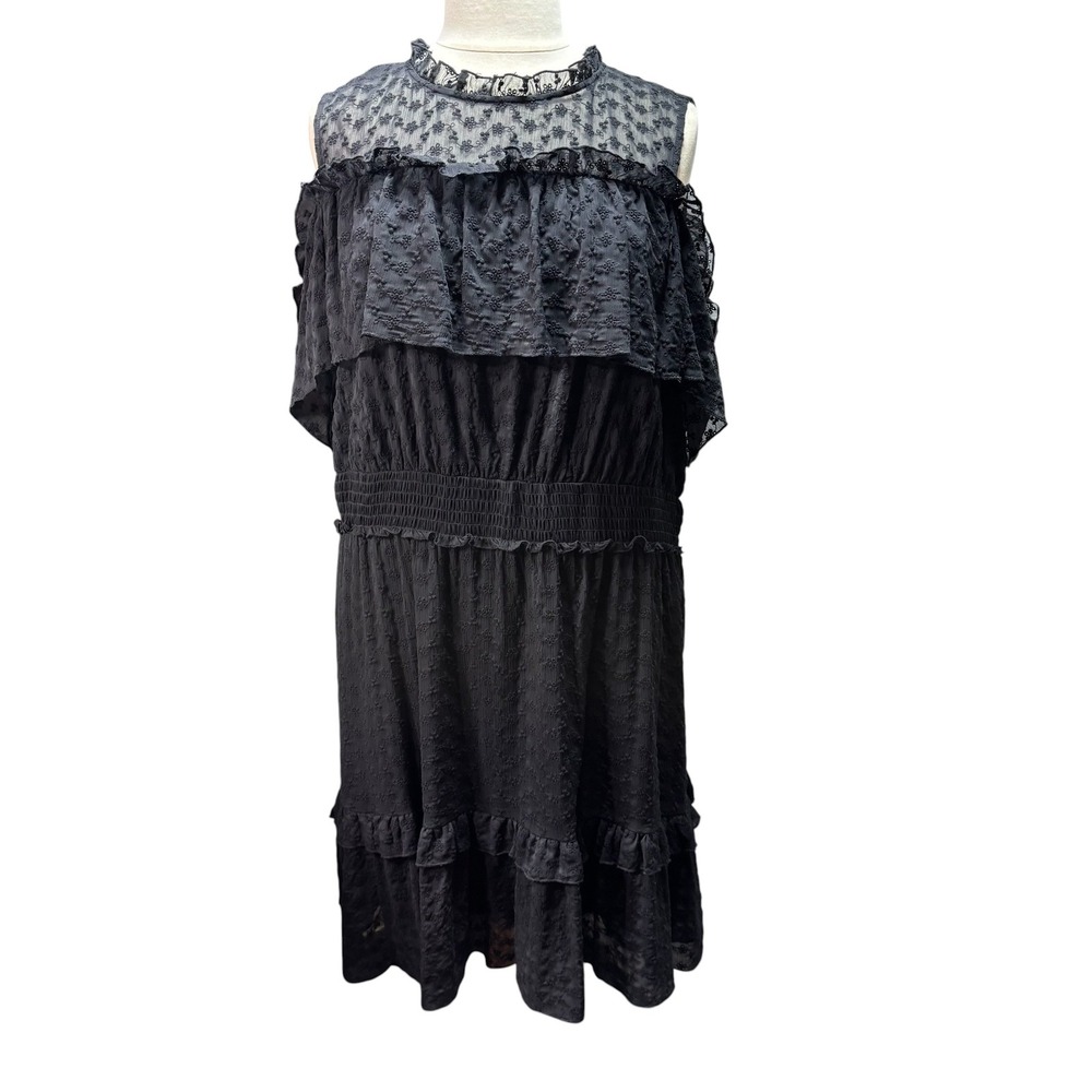 Lane Bryant Black Embroidered Cold‎ Shoulder Ruffle Dress  Size 26 Smocked #875